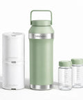 Mama Approved Portable Breast Milk Cooler For On The Go Double Walled Stainless Steel Thermos with two bottles in vibrant green.