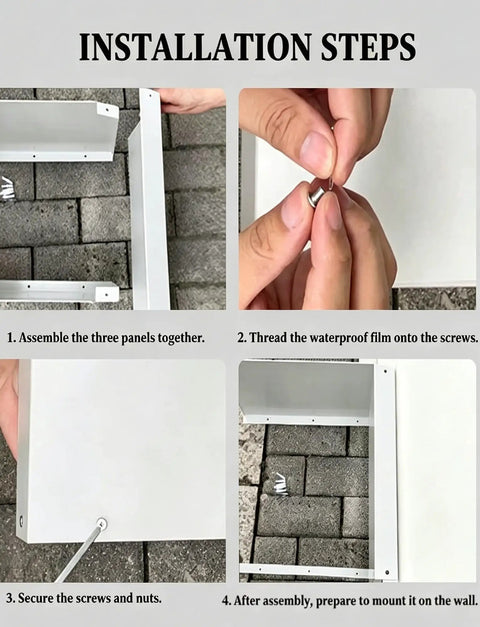 Installation steps for Badass Weatherproof EV Charger Cover, showing assembly and securing of screws with galvanized steel panels.