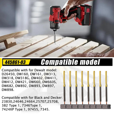 Hella Durable Job Site Essential Eight Pack Replacement Electric Motor Carbon Brushes Part Numbers 445861 03 And 445861 25 shown with drill.