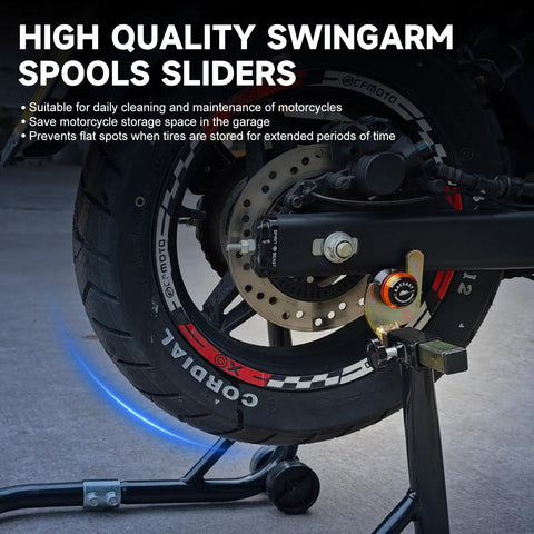 M10 Swingarm Spools Slider for Motorcycles 10mm x 1.5 Pitch on motorcycle rear wheel, heavy duty CNC aluminum, orange