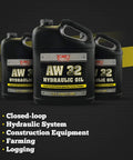 Three gallon containers of Beefed-Up Anti-Wear AW32 Hydraulic Oil For Log And Wood Splitters, Gearbox And Compressor Systems