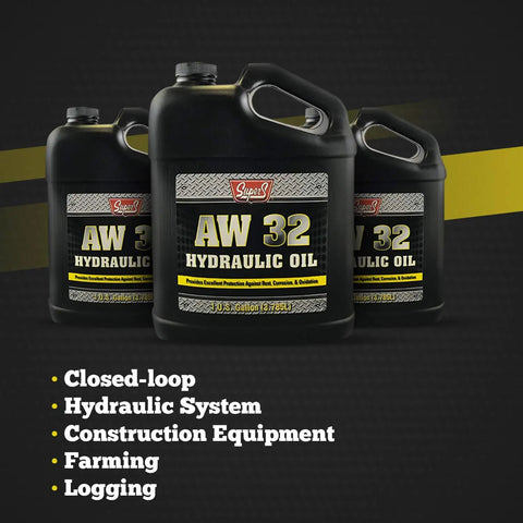 Three gallon containers of Beefed-Up Anti-Wear AW32 Hydraulic Oil For Log And Wood Splitters, Gearbox And Compressor Systems