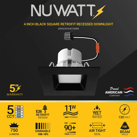4 Pack Black 4 Inch LED Ceiling Light Square Retrofit Can Light With 5CCT Adjustable 2700K To 5000K Dimmable 750 Lumens 11W