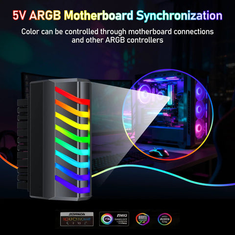 5V ARGB synchronization image showing 90 Degree ATX 24 Pin ARGB Right Angle Female To Male Adapter for Mini ITX Builds in use