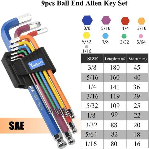 Premium 18 Piece Allen Wrench Set With SAE And Metric Hex Keys in a portable case, showing color-coded ball end keys.