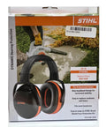 Packaging of orange noise reduction earmuffs with padded stainless steel headband, designed for medium noise, NRR 26 dB.
