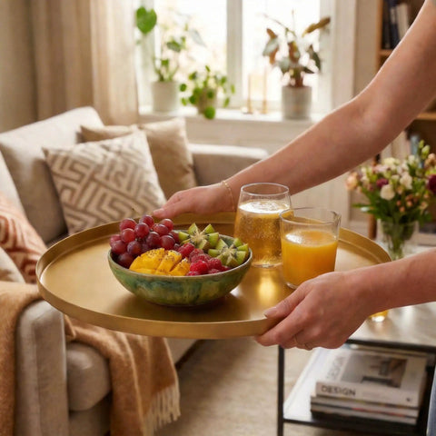 Round End Table With Removable Fabric Storage Basket And Tray Top held with drinks and fruit over a living room sofa.