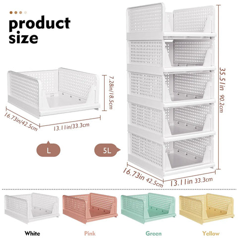 5 Pack Stackable Closet Storage Baskets, Foldable Organizer Bins For Bathroom Kitchen Laundry Room Wardrobe, White set of 5