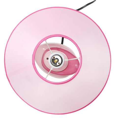Top view of Shades Of Pink Ceramic Stacked Stone Table Lamp With Fabric Shade showing bulb socket, 12 inch diameter, 17.5 inch tall.