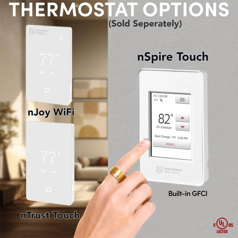 Thermostat options including nSpiro Touch, nJoy WiFi, and nTrust Touch for Environ Electric Radiant Floor Heating Roll