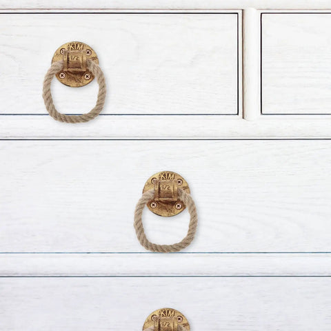 Rustic Rope Drawer Knob Pull Handle Made From Solid Metal Cabinet Door Pull Ring on white dresser drawers