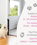 White dog next to open door with text about suitability for babies and pets, rust proof and UV resistant features of retractable baby gate.