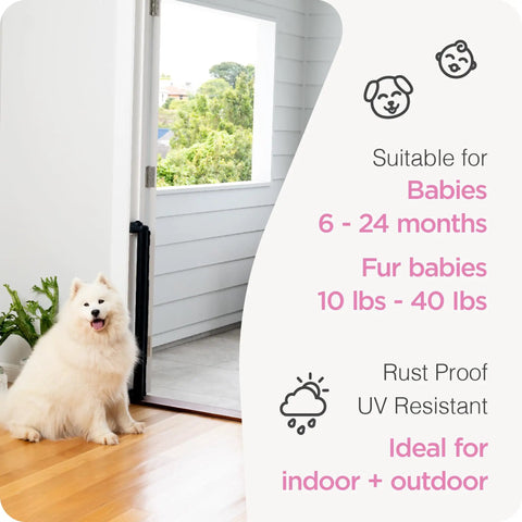 Retractable Baby Gate for Stairs and Doorways, 33 Inch Tall by 55 Inch Wide, Mesh Safety Gate for Kids and Pets, indoor use with dog