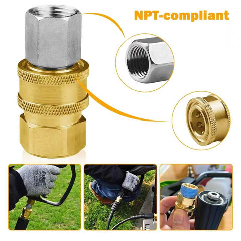 Front view of 8-pack brass quick-connect pressure washer fittings, 3/8 in NPT internal-thread