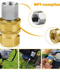 Front view: 8-pack brass 1/4-inch NPT pressure washer quick-connect adapters with knurled grip and stainless insert.