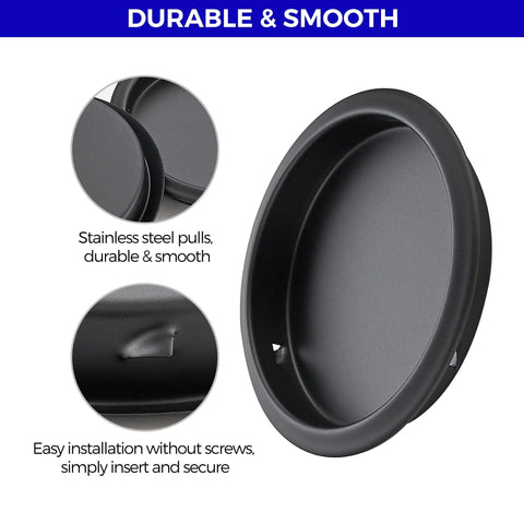 Close-up of Two Pack Round Pocket Door Pulls For Closet Doors Two And One Eighth Inch Black Finger Pulls With Easy Snap In Installation