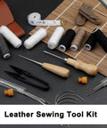 Heavy Duty Upholstery Sewing Kit 38 Piece For DIYers Carpet Canvas And Furniture Repair With 8 Strong Thread Rolls 2 Awls 8 Curved Upholstery Needles Big Eye Needles Thimble Ruler Finger Cots And Scissors displayed on mat.