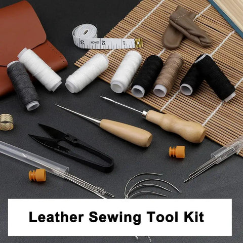 Heavy Duty Upholstery Sewing Kit 38 Piece For DIYers Carpet Canvas And Furniture Repair With 8 Strong Thread Rolls 2 Awls 8 Curved Upholstery Needles Big Eye Needles Thimble Ruler Finger Cots And Scissors displayed on mat.