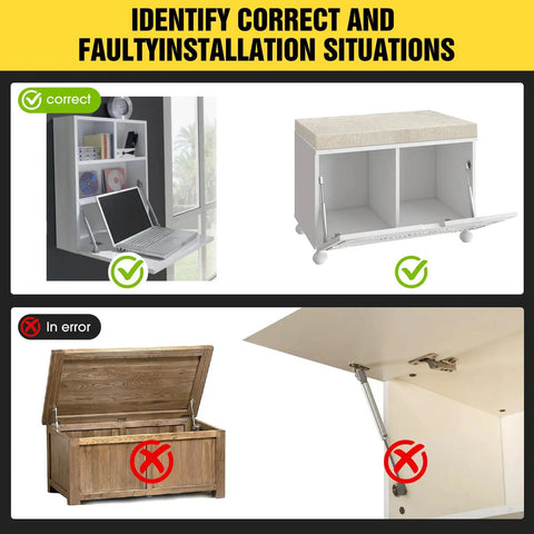 Illustration showing installation of Drop Down Gas Struts Two Pack For Cabinets And Desk Doors 90 Degree Hinge