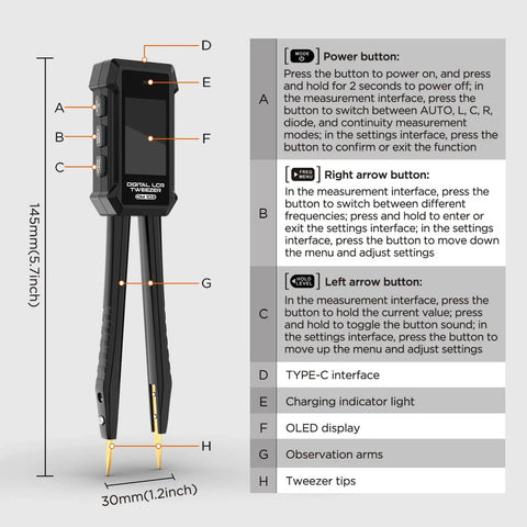 Pro Grade Auto Component Recognizing LCR Tweezers Meter With Six Test Modes For L C R D Q Rs, OLED Display, Type C Rechargeable
