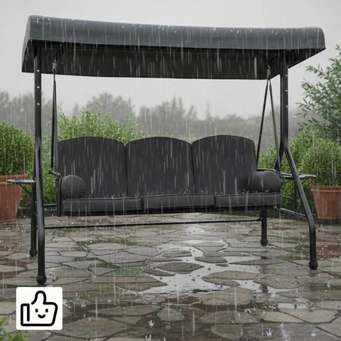 Three Seat Patio Swing With Canopy And Cup Holders, Heavy Duty Steel Frame, Weather Resistant Outdoor Swing Bench For Yard