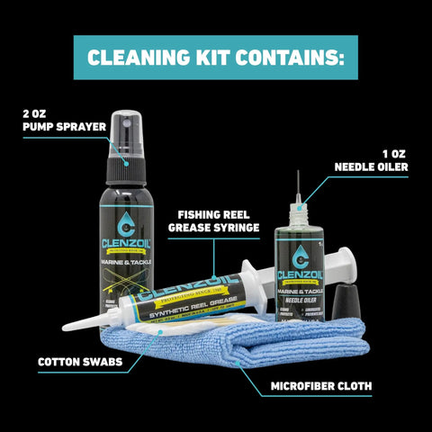 Marine Reel Care Kit With Oil And Grease For Freshwater And Saltwater Reels, including oiler, pump sprayer, syringe, cotton swabs, cloth.