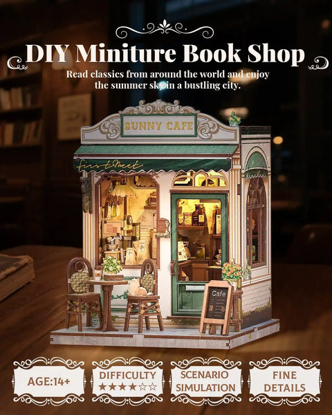 Sunny Cafe Book Nook Kit DIY Cozy Miniature House for Adults and Teens with LED Light Book Nook Shelf Decor front view