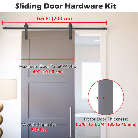 6.6 Ft Sliding Barn Door Hardware Kit for heavy-duty closet and cabinet doors with hanger track rail system installed on door