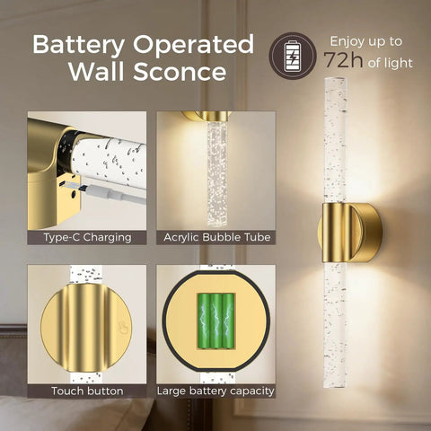 Details of Battery Operated Wall Sconces Set Of 2 In Gold, Magnetic LED Lights with touch control and acrylic bubble tube.