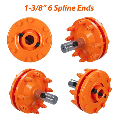 Heavy Duty PTO Slip Clutch For Tractors With 1 3/8 Inch Spline Shaft and adjustable spring tension, showing four angles.