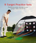 Man practicing golf swing with 10x7Ft Golf Practice Net With Mat, Built Tough 420D Oxford Cloth And 210G Nylon Mesh, nine targets