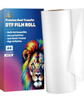 Pro Grade DTF Transfer Film Roll 8.3 Inch By 328 Ft A4 Double Sided Matte PET Film next to colorful box