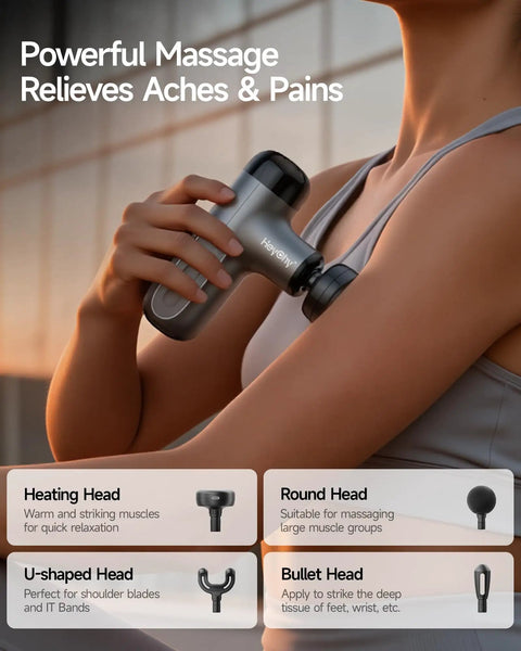 Person using Mini Massage Gun With Heat For Deep Tissue Relief, Portable Percussion Massager With 4 Heads For Athletes on arm