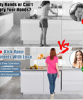 Comparison image of cabinet use with and without Foot Pull for Trash Cabinet Drawer With Touchless Hands Free Design.