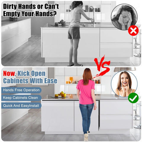 Comparison image of cabinet use with and without Foot Pull for Trash Cabinet Drawer With Touchless Hands Free Design.