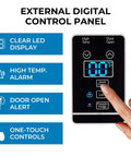 External digital control panel for Straight Up Spacious 14 Cubic Foot Upright Fridge And Freezer Combo with LED display and one-touch controls.