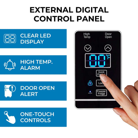 External digital control panel for Straight Up Spacious 14 Cubic Foot Upright Fridge And Freezer Combo with LED display and one-touch controls.