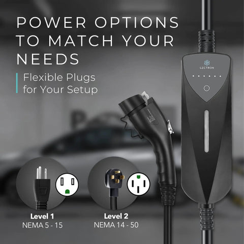 Dual Level Portable EV Charger For J1772 Vehicles With 8 To 40 Amp Output NEMA 14 50 And NEMA 5 15 Plugs On Display