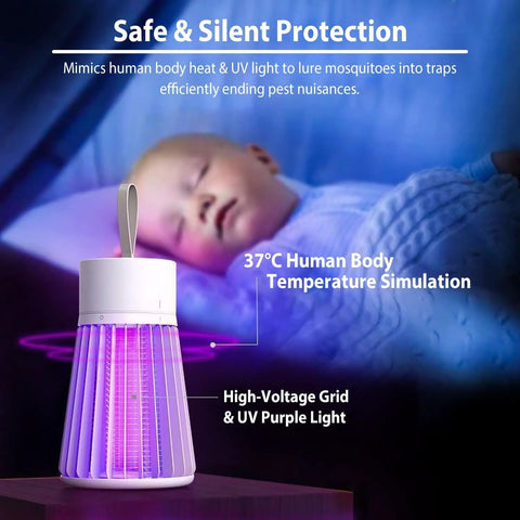 Rechargeable USB Bug Zapper With 360 Degree UV Light And Hidden Electric Grid beside a sleeping baby