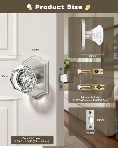 Clear Octagon Crystal Glass Door Knob Kit With Keyless Passage Handle For Hallway, Closet, Pantry, Satin Nickel Arched Rosette