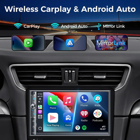 Double Din Car Stereo With 7 Inch HD Touchscreen Wireless Apple CarPlay And Android Auto Bluetooth 240W SWC Subwoofer Output Mirror Link FM AM Radio Receiver And Backup Camera installed in car dashboard