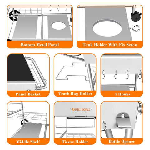 Multiple features of Pizza Oven Table With Topping Station For Outdoor Grills And Griddle Cart Prep Table Fits Ninja Woodfire Blackstone Tabletop Griddles Aidpiza Gozney Pizzello And Other Tabletop Ovens, including metal panel, tank holder, hooks, shelf, and bottle opener.