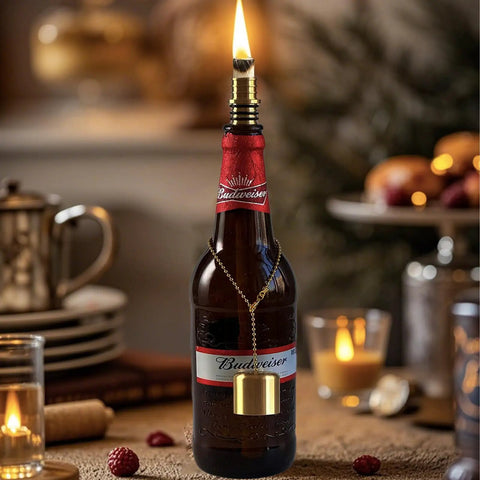 Outdoor Wine Bottle Torch Kit Two Pack With Long Life Wicks Brass Wick Holders And Caps Ready To Add Your Bottle For Easy Patio Lighting Durable Fiberglass Body And Brass Build For Long Lasting Flames shown installed on bottle