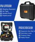 12V 75W Electric Fuel Transfer Pump Kit Delivers Up To 110 Gallons Per Hour Of Gasoline Or Diesel For Vehicles Boats UTVs And Tractors Portable On The Go Workhorse in weather-resistant case, showing features and functions.