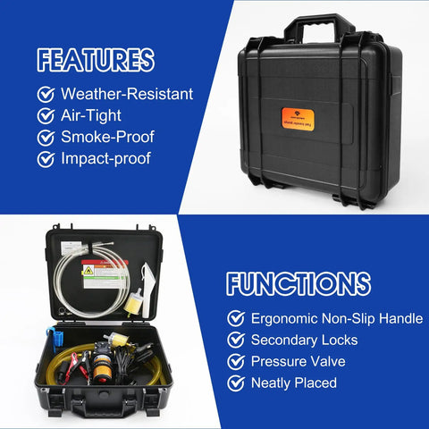 12V 75W Electric Fuel Transfer Pump Kit Delivers Up To 110 Gallons Per Hour Of Gasoline Or Diesel For Vehicles Boats UTVs And Tractors Portable On The Go Workhorse in weather-resistant case, showing features and functions.