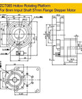ZCT085 hollow rotating platform blueprint for 8mm input shaft and 57mm flange stepper motor technical drawing.