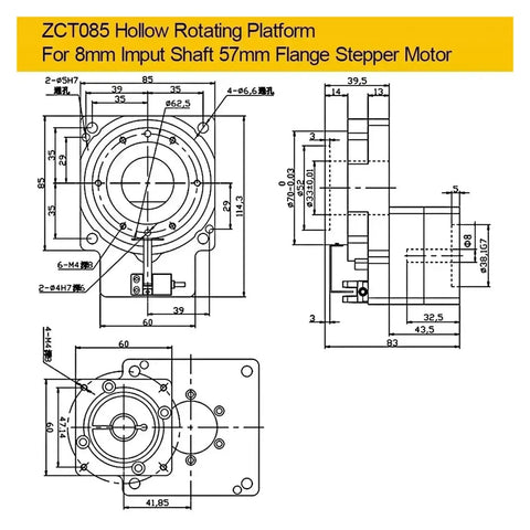 ZCT085 hollow rotating platform blueprint for 8mm input shaft and 57mm flange stepper motor technical drawing.