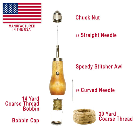 Deluxe DIY Sewing Awl Kit For Quick Fixes On Straps And Bags With Handheld Stitching Power Includes Straight Needle Curved Needle And Threaded Bobbin Made In USA components