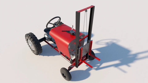 Heavy Duty Forklift Attachment Plans Build A Badass Yard Lift For Your Garden Tractor with red chassis and lifting forks.