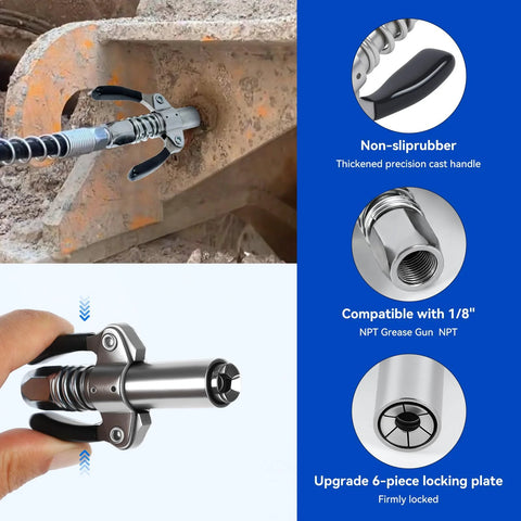 Grease gun coupler with hose and 90-degree tip; non-slip handle, 1/8 in NPT compatibility, locking plate.